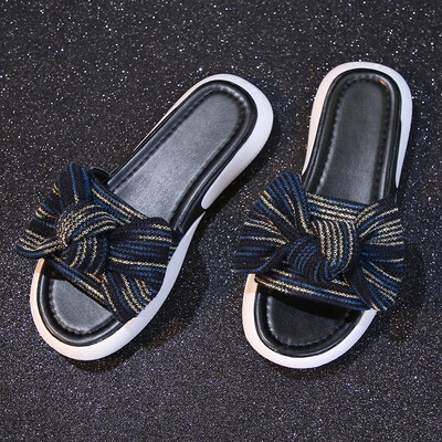 

Slippers women wear 2019 summer new bow Korean striped soft bottom fashion Joker flat bottom sandals