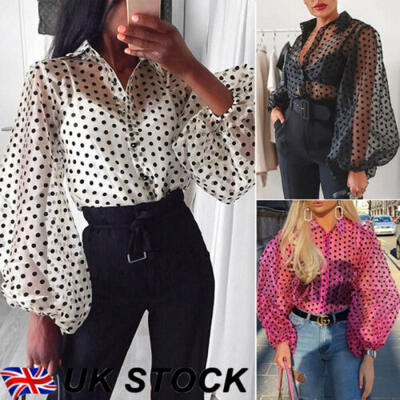 

UK Women Polka Dot Mesh Sheer See-through Long Sleeve Tops Blouse Tee T Shirts