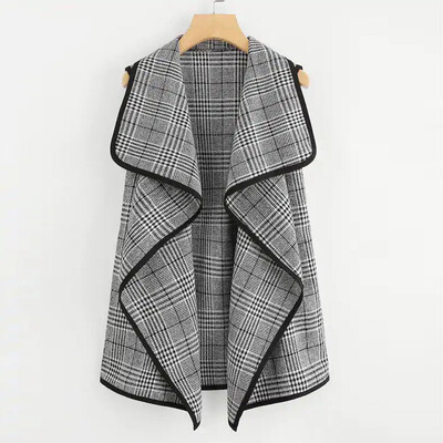 

Toponeto Fashion Women Outwear Plaid Lapel Irregular Cardigan Woolen Vest Coat