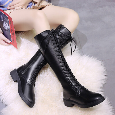 

Slender&long-barreled Martin Boots&Womens Leather Shoes Academy Wind Band Coarse heels Cross-strapped in Autumn&Winte