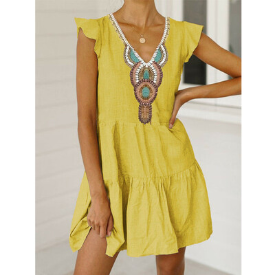 

Women Holiday Sleeveless V-neck Beach Bikini Cover Up Boho Linen Casual Beach Party Sun Mini Dress Sundress Kaftan