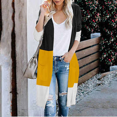

Toponeto Women Long Sleeve Color Striped Pocket Casual Knitted Outerwear Cardigan Sweater