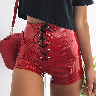 

Autumn Fashion Sexy High Elastic Waist Bright Leather Front Strap Slim Shorts Hip Shorts Women femme pantalones cortos mujer
