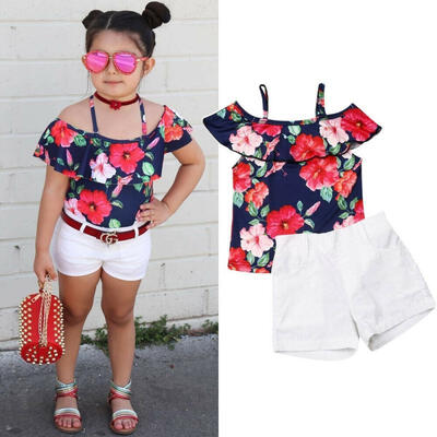 

Kids Girl White Shorts Clothes Set Toddler Navy Blue Rose Flower Off shoulder Top Pants 2 Piece Clothing Outfit
