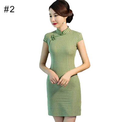 

Retro Plaid Stand Collar Short Sleeve Slit Women Summer Slim Cheongsam Dress
