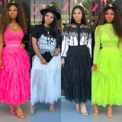 

Fashion Women Wave Irregular Layer High Waist Ruffle Summer Elastic Tutu Skirt