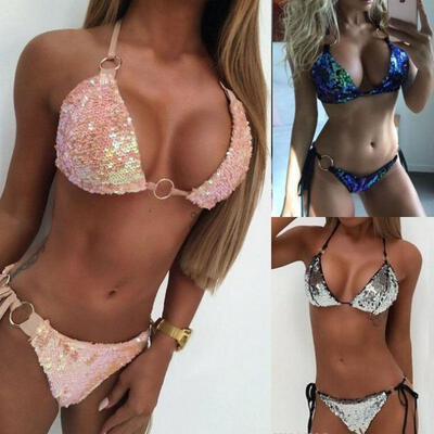 

New Women Push Up Beach Swimwear Sequin Triangle Bra Bikini Set Bathing Swimsuit