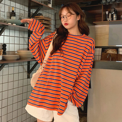 

Autumn Korean Tee Shirt Femme Fashion Sexy Loose Large Size T-shirt Round Neck Long Sleeve Thin Striped Casual T shirt