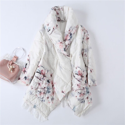 

2018 new winter European station high-end womens prints with slit&short lapel lace patchwork white duck down jacket