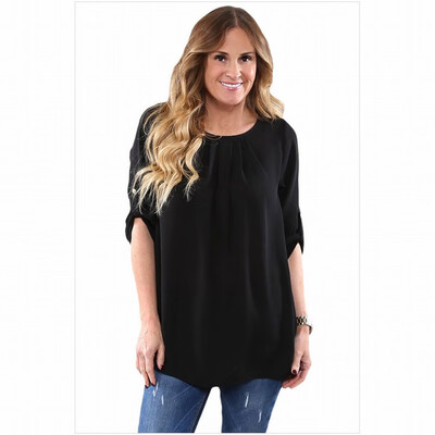 

Womens round neck long sleeve chiffon shirt solid color casual straight top