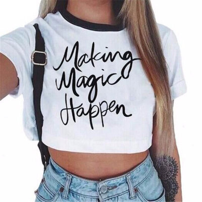 

2017 Summer Fashion Women Cotton Short Sleeve O-Neck Cotton Printing Half Waist T-Shirt Women Tee Tops L509