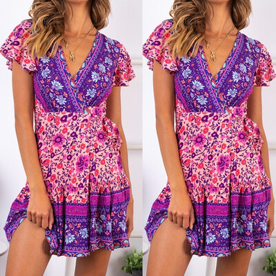 

Women Wrap Summer Boho Floral Paisley Mini Print Dress Ladies Holiday Beach