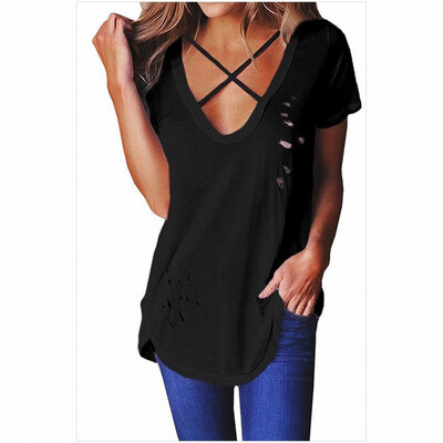

V-neck short-sleeved cross neckline hole T-shirt
