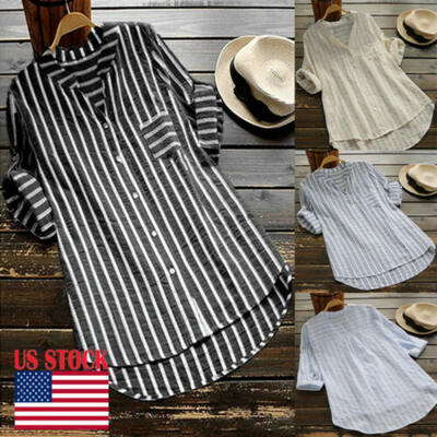 

Plus Size Womens Summer Striped V Neck Blouses Loose Baggy Tops Casual T Shirts