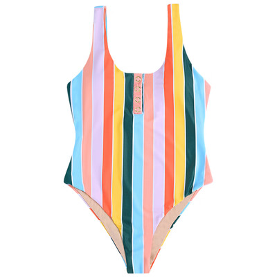 

Sexy Scoop Neck Sleeveless Colorful Striped Backless Snap Button Padded Women Swimsuit