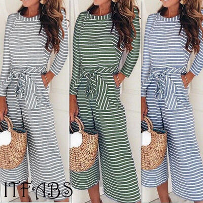 

Womens Striped Wide Leg Holiday Jumpsuit Playsuit Culotte Hot