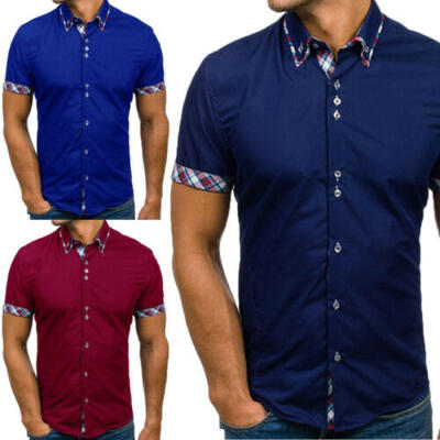 

Mens Clothing Short Sleeve Plaid Print Casual Double Collar Slim Fit Men T-Shirt