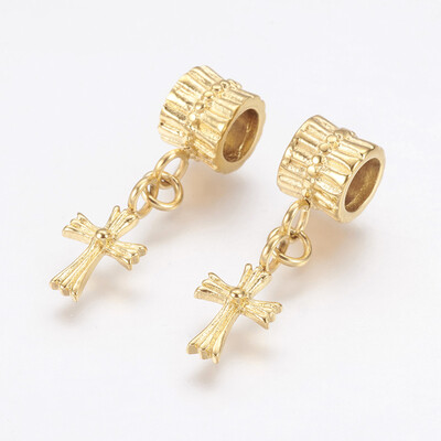 

304 Stainless Steel European Dangle Beads Large Hole Pendants Cross Golden 26mm Hole 5mm Pendant 135x7x2mm