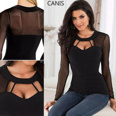 

US Women Choker V-Neck Top Slim T-shirt Ladies Casual Party Long Sleeve Blouse