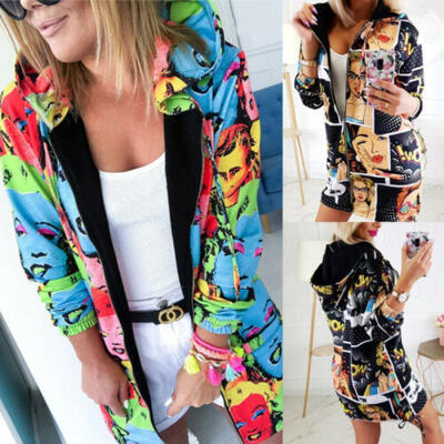 

Fashion Women Floral Zipper Bomber Jacket Baseball Casual Coat Outwear Hoodie