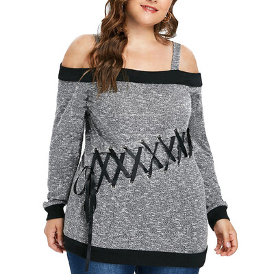 

Starmoon Women Plus Size Strappy Patchwork Off-Shoulder Long Sleeve Blouse Shirt Top