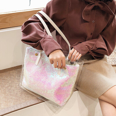 

Korean version of the big bag female 2019 new tide transparent handbag fashion wild sequins large capacity single shoulder tote bag