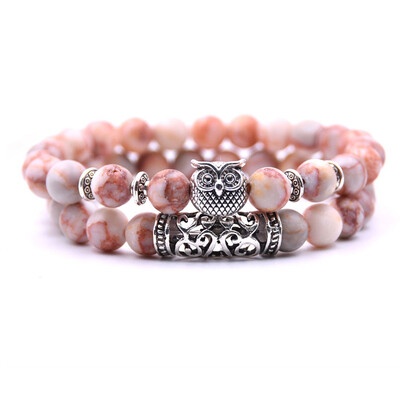 

18 Colors 2PcsSet Owl Lava Stone Bracelet Set Tiger Eye Stone Charm Bracelets Bangles