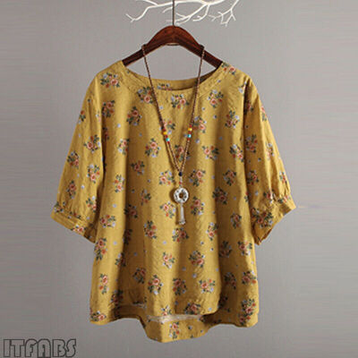 

Plus Size Women Cotton Ethnic Blouse Shirt Oversize Asymmetrical Floral Tops New