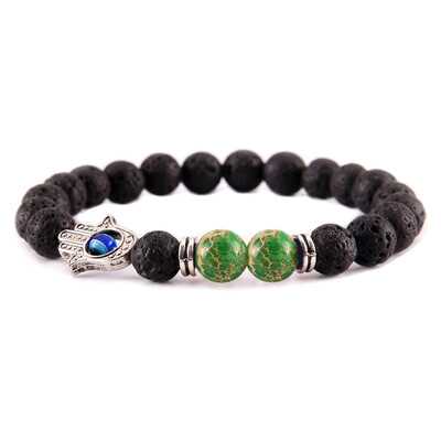 

Stylish Unisex Black Lava Stone Beads Bracelet Fatima Hand Evil Eye Bracelet Colorful Energy Yoga Chakra Bracelet