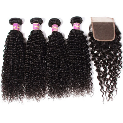 

UNice 8A indian Culry Human Hair 4 Bundles with Lace Closure 44