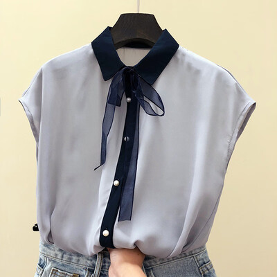 

Women Summer Retro Temperament Solid Color T-shirt Ladies Vintage Short Sleeve Bow Casual Tops