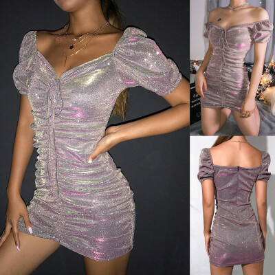 

〖Follure〗Women Pure Color Short Sleeve Tight Fitting V Collar Sequins Dress