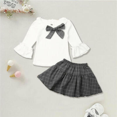 

US Baby Girl Flare Long Sleeve Tops Plaid Skirt Dress Summer Cotton Clothes 2PCS