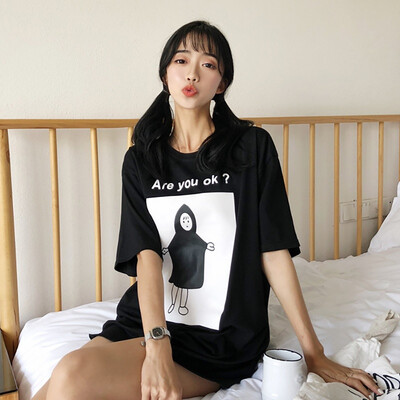 

Womens Casual Round Neck Cartoon & Letters Print Short Sleeve Loose Pullover T-Shirt