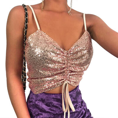 

Sexy Women Shiny Sling Crop Tank Tops Sequins Spaghetti Strap V-neck Vest