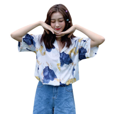 

Women Fashion Summer Cartoon Printed Chiffon Blouse Shirt Female Short Sleeve Lapel Casual Blouse Women Tops