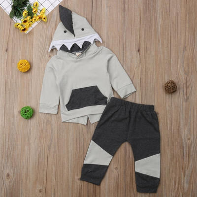 

2Pcs Newborn Kids Baby Boy Shark Hooded Tops Pants Autumn Winter Outfits Clothes