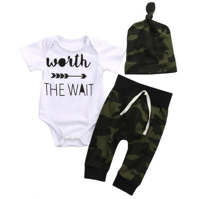 

Newborn Baby Boy Short Sleeve Camo Romper BodysuitPantsHat Playsuit 3pcs Outfit