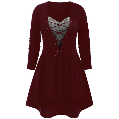 

Tailored Fashion Women Casual Plus Size Solid Cross Bandage Long Sleeve Partchwork Dress