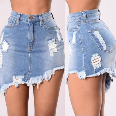 

HOT Women Sexy Denim Irregular Ripped Holes Laced Elastic Jeans Skirt