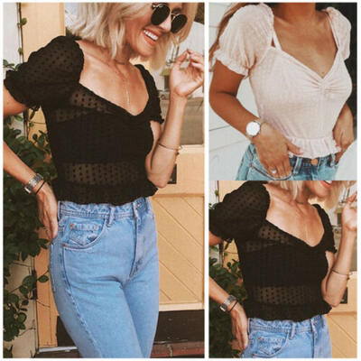 

Women Clubwear Lace Mesh Party Blouses t Shirt Ladies Crop Tee Top Transparent