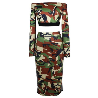 

Women Camouflage Two Piece Set Tracksuit Sweat Suits Off the Shoulder T Shirt & Mesh Splice Skirt Dark Green
