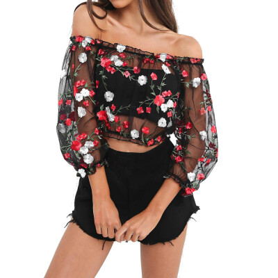 

Nomeni Womens Mesh Sheer Floral Embroidered Shirts See-through Crop Tops Blouses