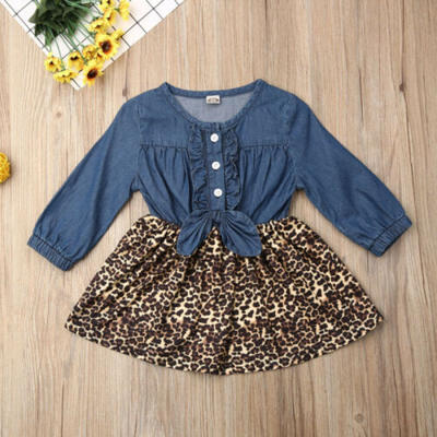 

US Toddler Baby Kid Girl Denim Long Sleeve Princess Tutu Dresses Leopard Outfits