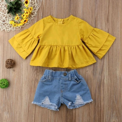 

Newest Baby Girl Kids Set Outfits 2Pcs Yellow Trumpet Sleeves TopsDenim Shorts