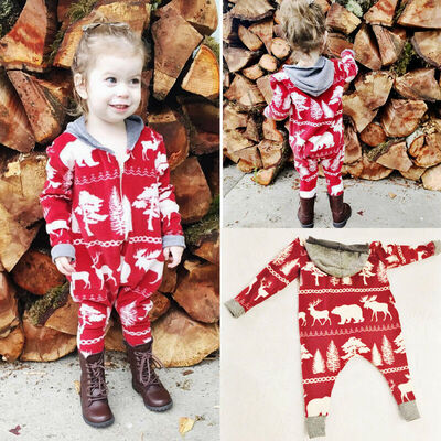 

Christmas Newborn Baby Boy Girls Hooded Romper Bodysuit Clothes Outfits Homewear