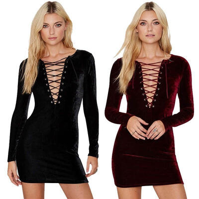 

Sexy V Neck Velvet Women Bodycon Long Sleeve Cocktail Evening Formal Mini Dress