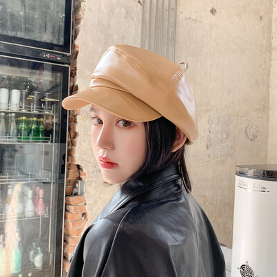 

Beret women winter solid color pu leather bud hat temperament retro painter hat casual hundred net red pumpkin hat