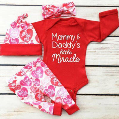 

4PCS Newborn Baby Girls Valentines Romper Top Heart Pants Outfits Set Clothes