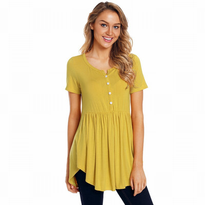 

Solid color V-neck short-sleeved button hem loose casual top